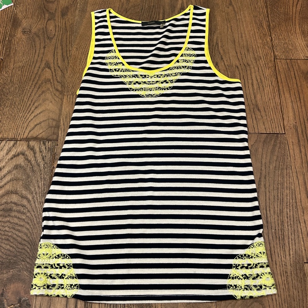 THML - Women Kahlo -  Yellow Embroidered - navy and white striped tank - size S